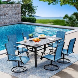 7-Piece Outdoor Dining Table Set for 6,Rectangular Table with Umbrella Hole & 6pcs Patio Swivel Rocking Chairs - Patio Outdoor Furniture for Porch,Backyard, Garden, Poolside and...