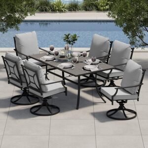 Grand patio 7-Piece Patio Dining Set for 6, E-Coated Outdoor Dining Set Swivel Patio Dining Chairs with Olefin Cushions & 1 Black Rectangular Faux Woodgrain Dining Table with...