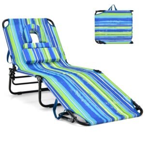 GYMAX Tanning Chair, 350lbs Beach Lounge Chair with Face Hole, Washable Pillow & Carry Strap, Adjustable Folding Chaise Lounge, Layout Chair for Outside, Patio, Poolside, Lawn...