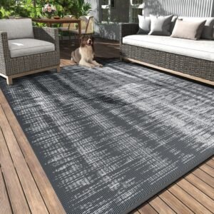 MontVoo Outdoor Rug Waterproof 5x8 ft Outdoor Carpet Patio Rug Mat Reversible RV Camping Rug Plastic Straw Outside Rug for Balcony Porch Deck Picnic Beach Modern Grey