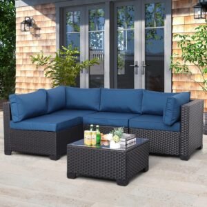 Outdoor Patio PE Wicker 5 Piece Furniture Set, Black Rattan Sectional Conversation Sofa Chair with Coffee Table, Navy Blue Cushion
